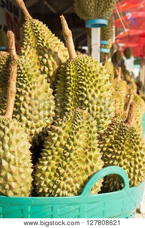 Durian fruit in the basket at the market