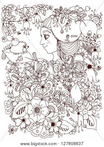 Vector illustration zentangl girl with freckles in flowers with an apple on his head. Child forest hedgehog on a leaf. Doodle drawing. Coloring book anti stress for adults. Brown and white.
