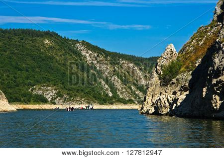 Rocky landscape of river Uvac gorge at sunny summer morning, southwest Serbia