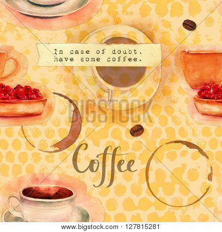 A seamless background pattern with watercolor drawings and cutouts of coffee cups with coffee cup rings a scrap of text coffee grains and a strawberry tart; toned and placed on aged paper textures