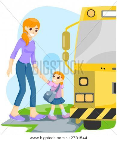 Anya és lánya a buszmegállóban - vektor