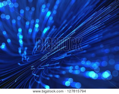 3D image concept of optical fiber. Glare effect on the tips of the optical fiber.