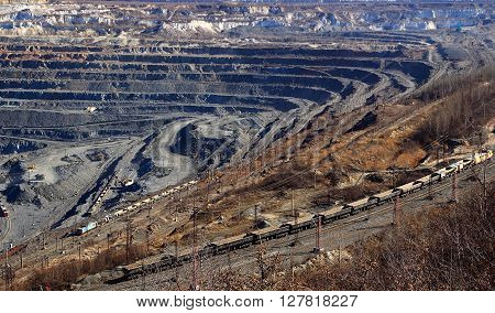 huge quarry for the extraction of iron ore from moving train Gubkin Russian
