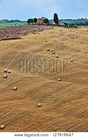 Landscape in Tuscany with luxury villa cipresses and hay bales - HDR