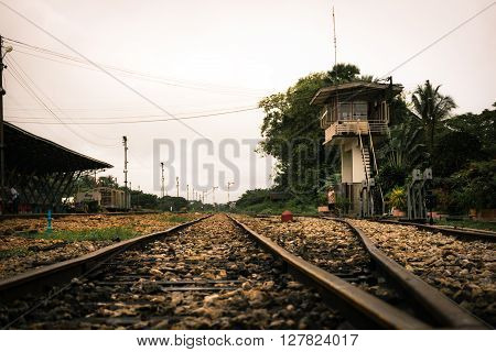 Railroad tracks and tower in Phatthalung station Thailand