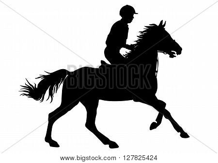 Rider. Jockey riding a horse. Horse races. Competition. Silhouettes on a white background.