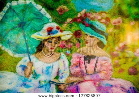felting wool - contemporary art - handmade. Picture. Picture - two women talking in the park of the Middle Ages