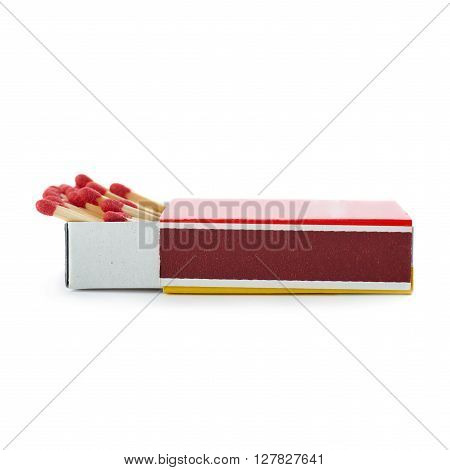 Pile of Wooden unused matches in box isolated over the white background