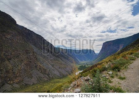 Chulyshman mountain valley from height of Summer Rain River Falls