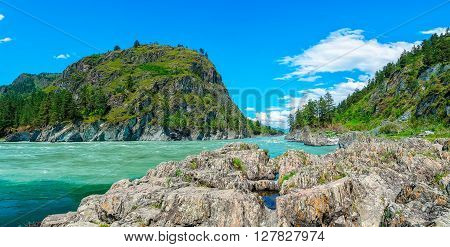 Panorama confluence of two rivers and Chemal Katun in  Altai mountain valley