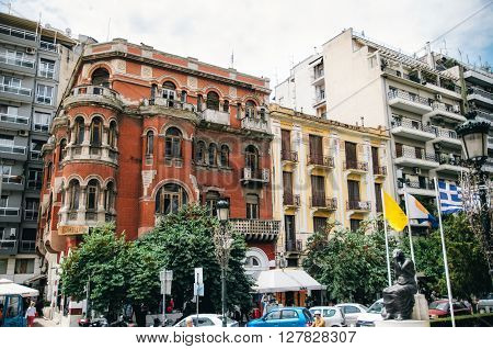 THESSALONIKI, GREECE - MAY 27, 2015: Red house or Mansion Longos in Hagia Sophia Square. Architecture Art Nouveau in Thessaloniki