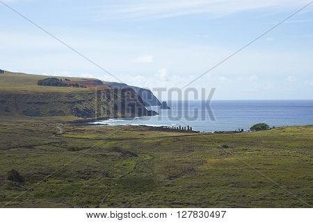 Ahu Tongariki. Ancient Moai statues on the coast of Rapa Nui (Easter Island)