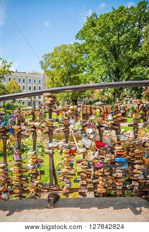 Padlocks On Bridge In Riga