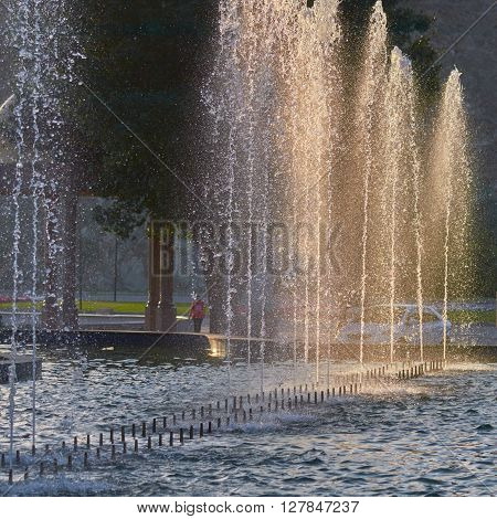 Fountains glowing in the early morning sun