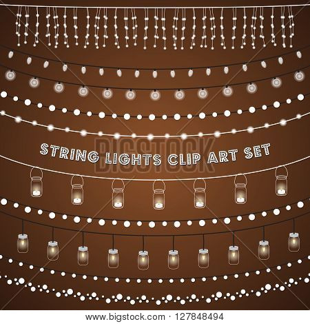 Rustic String Lights Set - Set of glowing string lights on a rustic brown background. EPS 10 with transparency.