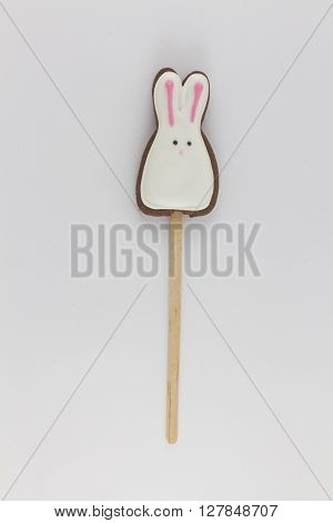 bunny -shaped cookies on a wooden stick , white bunny with pink ears and nose .
