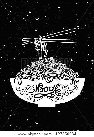 Cartoon noodles in the bowl with chopsticks. Hand drawn vector illustration. Kitchen design with Asia food
