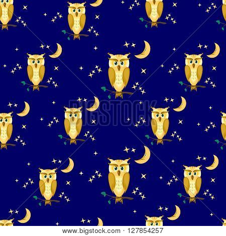 Fabulous owls sitting on branches on background of blue night sky.Seamless pattern with birds.Vector illustration for children.Can be used for cloth textilepaper.