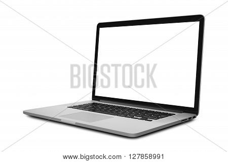 Laptop in angled position with blank screen isolated on white background - mockup template