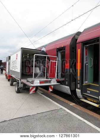 VIENNA AUSTRIA - CIRCA MAY 2014: A train on railroad railway for mass transit public transport