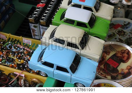 DRESDEN GERMANY - CIRCA MARCH 2016: Trabant car toy models for sale on the counter of a nostalgia store
