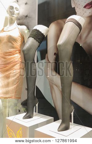 DRESDEN GERMANY - CIRCA MARCH 2016: black holdups with luxurious lace top band