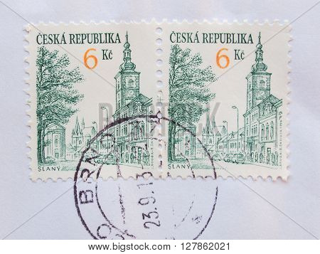 PRAGUE CZECH REPUBLIC - CIRCA DECEMBER 2013: envelope with two Czech stamps showing the town of Slany