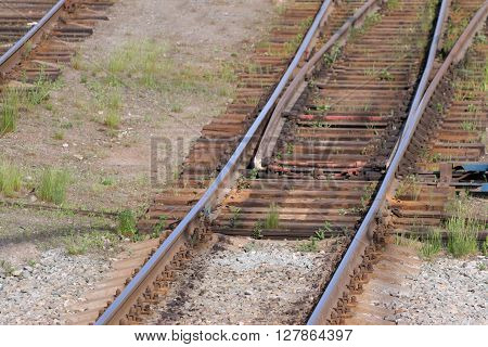 Close up view of railway with wooden sleepers grass and turnout
** Note: Shallow depth of field