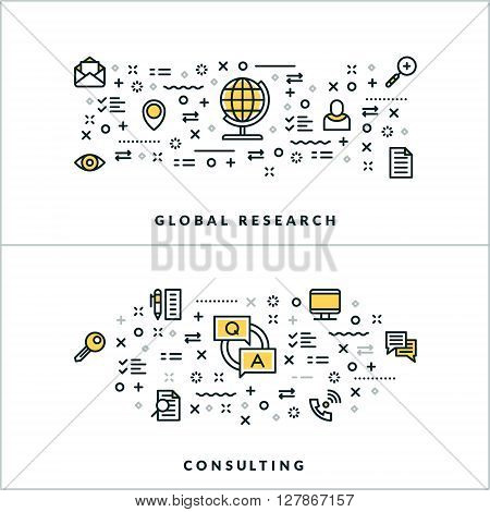 Vector Thin Line Global Research and Consulting Concepts. Vector Illustration for Website Banner or Header. Flat Line Icons and Design Elements