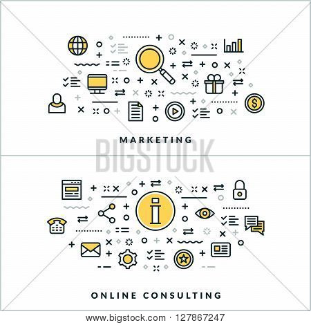 Vector Thin Line Marketing and Online Consulting Concepts. Vector Illustration for Website Banner or Header. Flat Line Icons and Design Elements