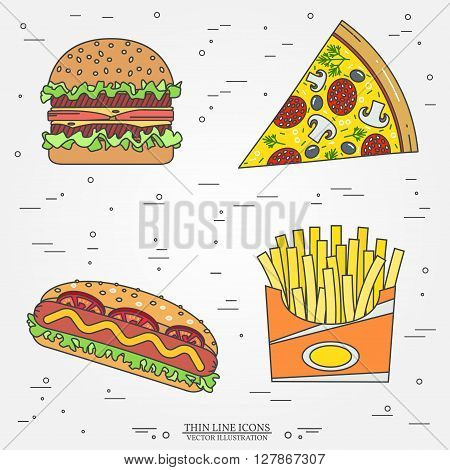 Vector thin line icon pizza, fries,  hot dog and burger . For web design and application interface, also useful for infographics. Vector illustration.