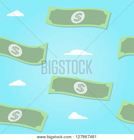 Seamless vector pattern of flying paper money whith clouds on blue background. Vector illustration. Money concept.