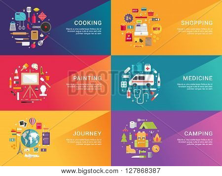 Set of Flat Style Vector Illustrations for Web Banners or Promotional Materials. Cooking Shopping Painting Medicine Journey Camping