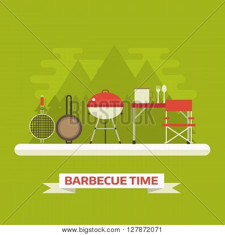 Summer picnic landscape. Family barbecue vector background. Picnic tools. Grill pan brazier tourist pot fork spoon camping table and chair.