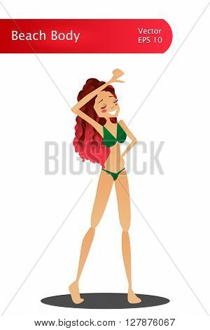 Isolated Colorful Vector Beach Body Fitness Fashion Illustration with a Slim and Fit Fashion Model Her Fit Beach Body Green Swimwear Red Hair Beautiful Smile Slim Beach Body Ready Illustration