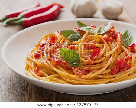 close up of rustic italian spaghetti arrabbiata pasta
