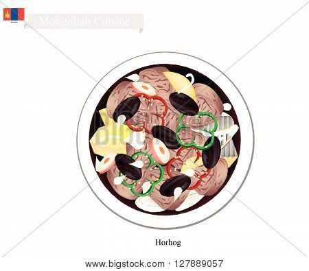 Mongolian Cuisine Horhog or Meat Barbecue with Carrots Cabbage and Potatoes Cooked with Hot Stones. One of Most Popular Dish in Mongolia.