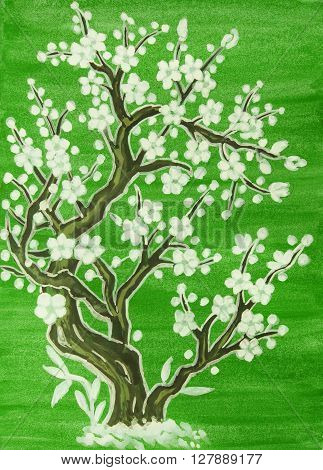 White tree in blossom in traditions of old Chinese art painting gouache on watercolor background.