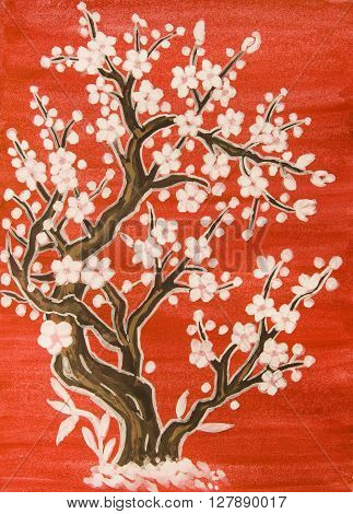 White tree in blossom in traditions of old Chinese art painting gouache on watercolor background.