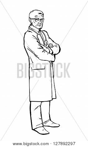 Serious doctor man to his full height, the attending person is baptized with her hands, warning look of an old man, illustration isolated on white background, art sketch hand-drawn