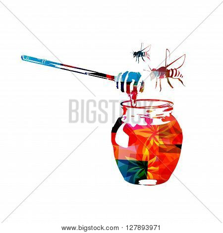 Vector illustration of colorful honey dipper and honey in jar with bees