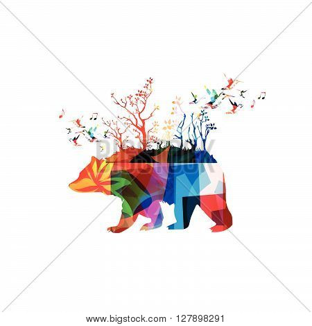 Vector illustration of colorful bear with hummingbirds