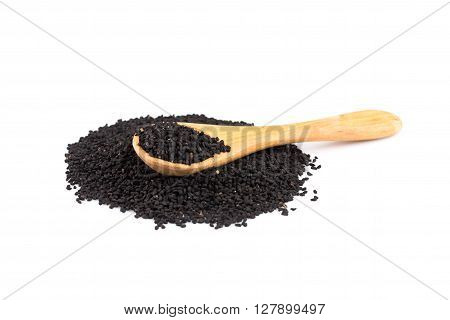 Heap Of Black Sesame On Wooden Spoon