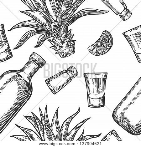 Seamless pattern of glass and botlle tequila salt cactus and lime on white background. Vintage vector engraving illustration for label poster web invitation to party.