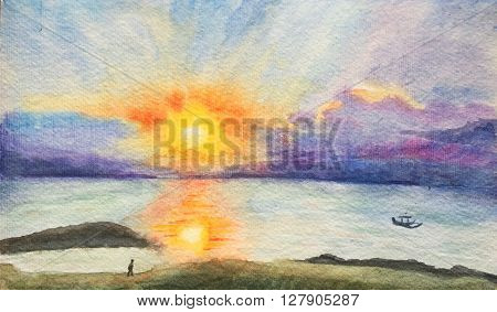 Watercolor hand-painting sunset time on the beach, orange sunset and sea landscape
