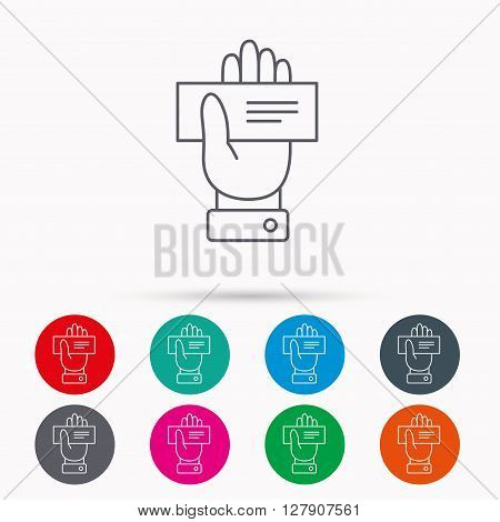 Cheque icon. Giving hand sign. Paying check in palm symbol. Linear icons in circles on white background.