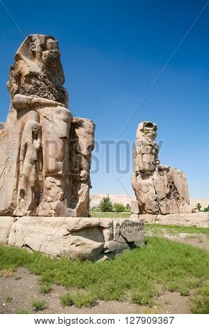 giant double statue of landmark Egyptian pharaoh Amenhotep III named The Colossi de Memnon public sculpture monument in Luxor Egypt Africa