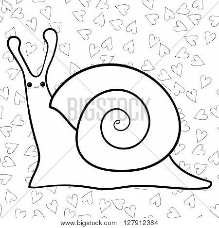 Hand drawn happy cute snail coloring page.