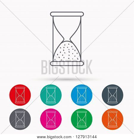 Hourglass icon. Sand end time sign. Hour ends symbol. Linear icons in circles on white background.