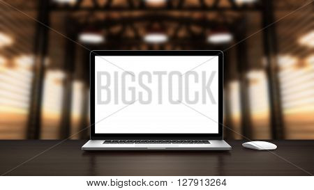 Laptop on the factory hall warehouse with blank screen on table , a rectangular screen for inserting images, high detailed,realistic. 3D rendering.